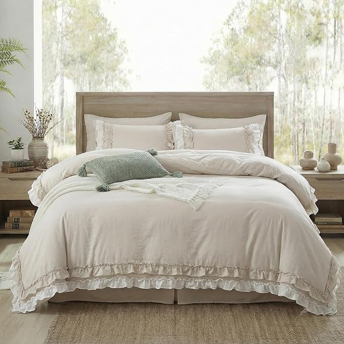 Bedorm Beige Duvet Cover Set Queen Ruffle Bedding Set Pleat Ruffled Shabby Chic Comforter Cover E... | Amazon (US)