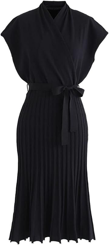 CHICWISH Women's Black Bowknot Pleated Sleeveless Wrapped Knit Midi Dress | Amazon (US)