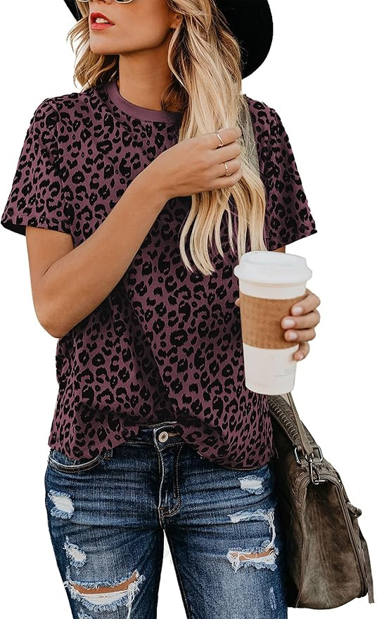 Blooming Jelly Womens Leopard Print Tops Short Sleeve Round Neck Casual T Shirts Tees | Amazon (US)