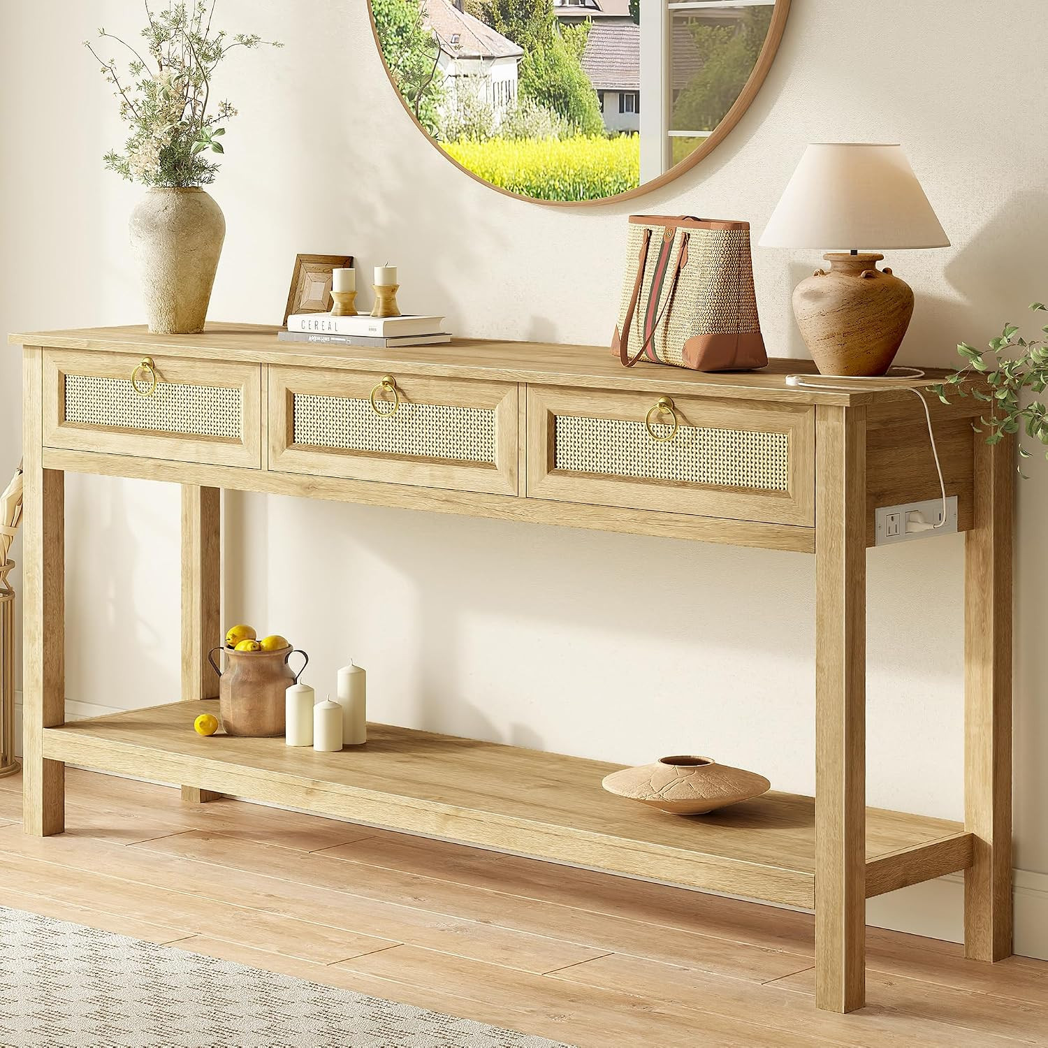 SUPERJARE Rattan Console Sofa Table with Outlets, USB-C Port and 3 Drawers | Amazon (US)