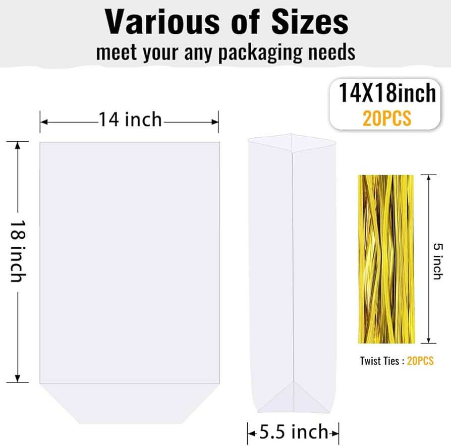 20Pcs 14X18 inch Bottom Gusset Bags Clear Cellophane Gift Wrap Bags Basket Wrapping Plastic Large... | Amazon (US)