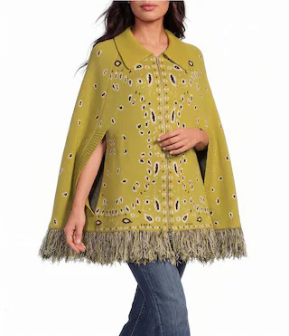 Sugarlips Lennie Bandana Printed Collared Open-Sleeve Fringe Hem Poncho Sweater -  S | Dillard's