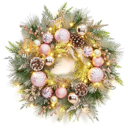 Adeeing 22 Inch Christmas Wreath with Lights, Pre-lit Pink Christmas Wreaths with 30 LED Lights Ball Ornaments, Battery Operated Large Outdoor Xmas Wreath for Front Door Fireplace Window Wall Decor | Amazon (US)