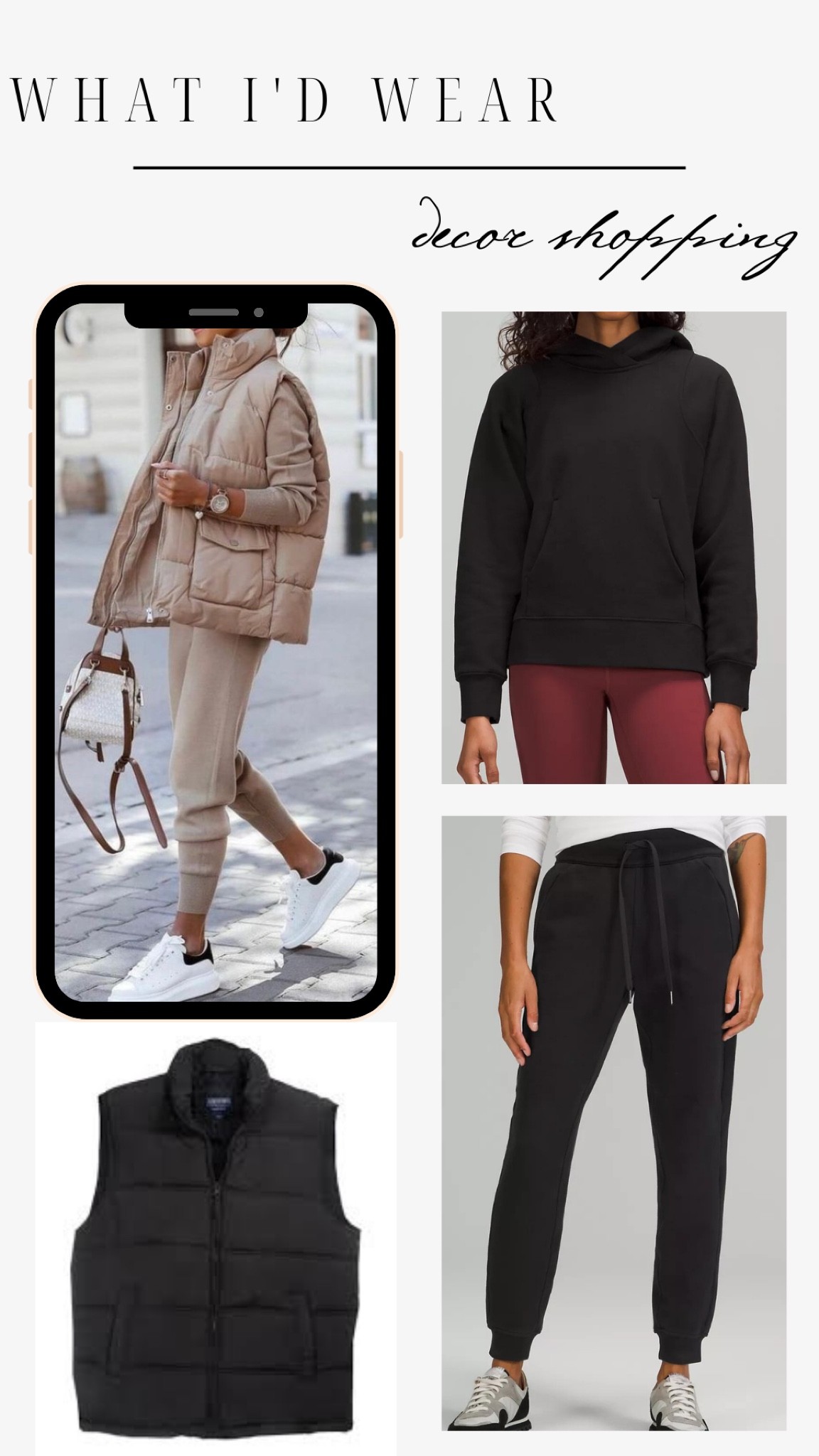 “What I’d wear Wednesday’s” Christmas decor shopping outfit ideas! Comfy cozy outfits you can wear in public! Black joggers, black hoodies, black crewneck sweaters, black puffer vests 

#LTKSeasonal #LTKstyletip #LTKHoliday