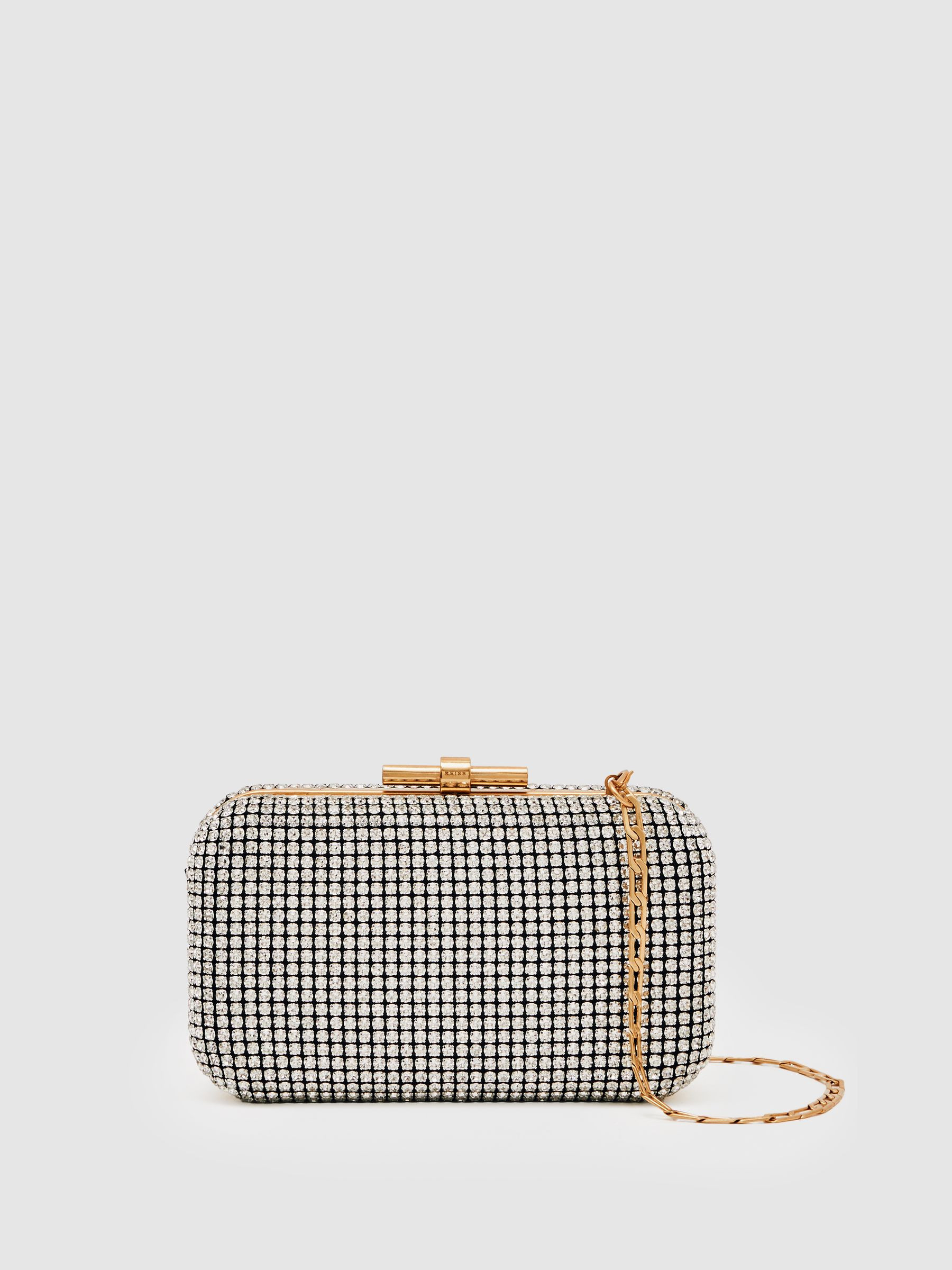 Crystal-Embellished Box Clutch Bag in Silver | Reiss DE