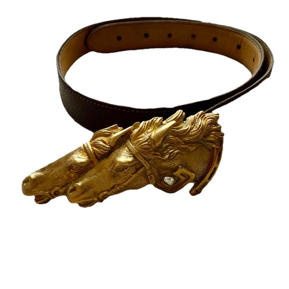 Vintage Gucci Brass Double Horse Head Buckle Leather Belt Waist 26 Italy | Poshmark