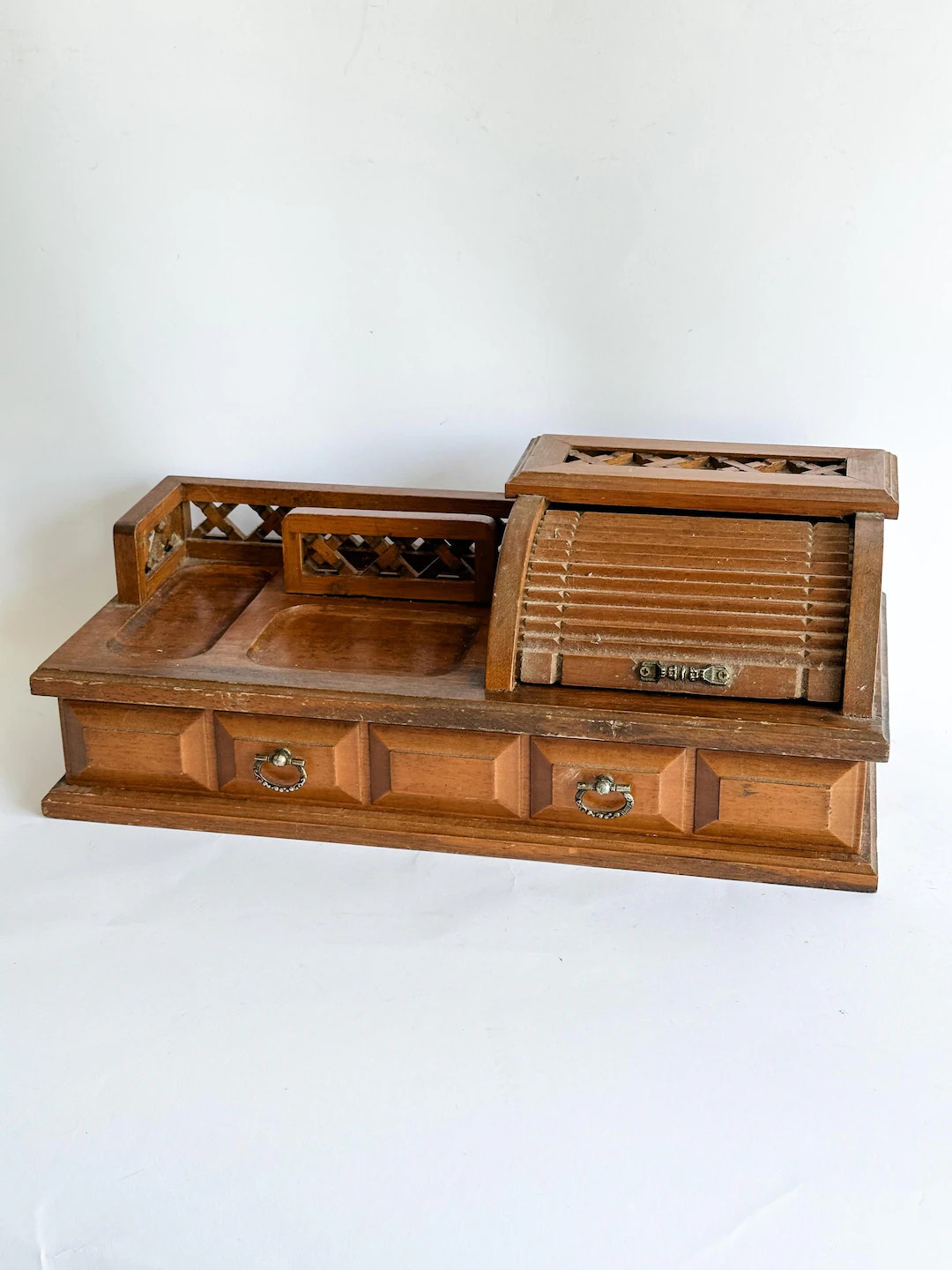 Vintage Wooden Men’s Valet Box With Roll Top, Dresser Organizer With Drawer, Mid Century Jewelr... | Etsy (US)