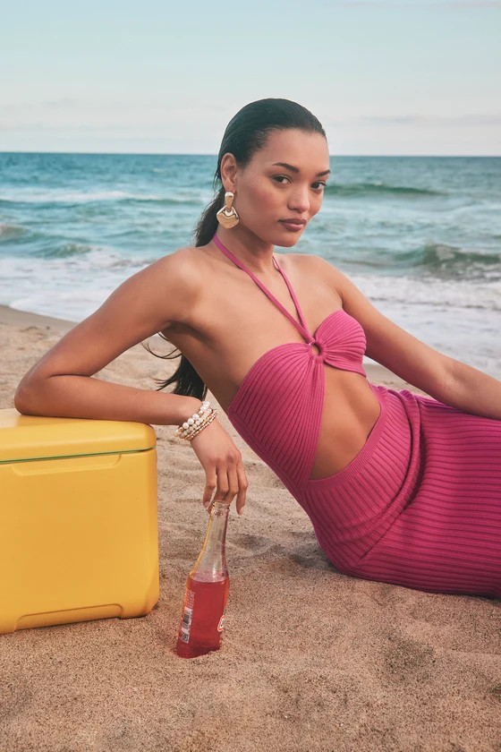 Leading the Trends Hot Pink Ribbed Knit Cutout Halter Midi Dress | Lulus