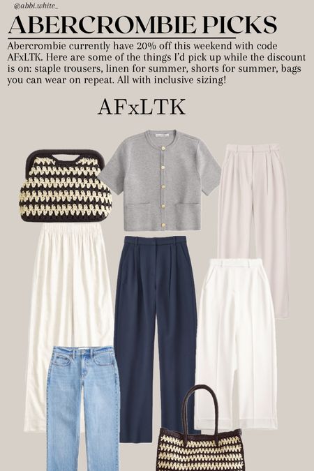 Aberceombie currently have 20% off this weekend with code AFxLTK. Here are some of the things I’d pick up while the discount is on: staple trousers, linen for summer, shorts for summer, bags you can wear on repeat. All with inclusive sizing!  

#LTKSeasonal #LTKmidsize #LTKsalealert