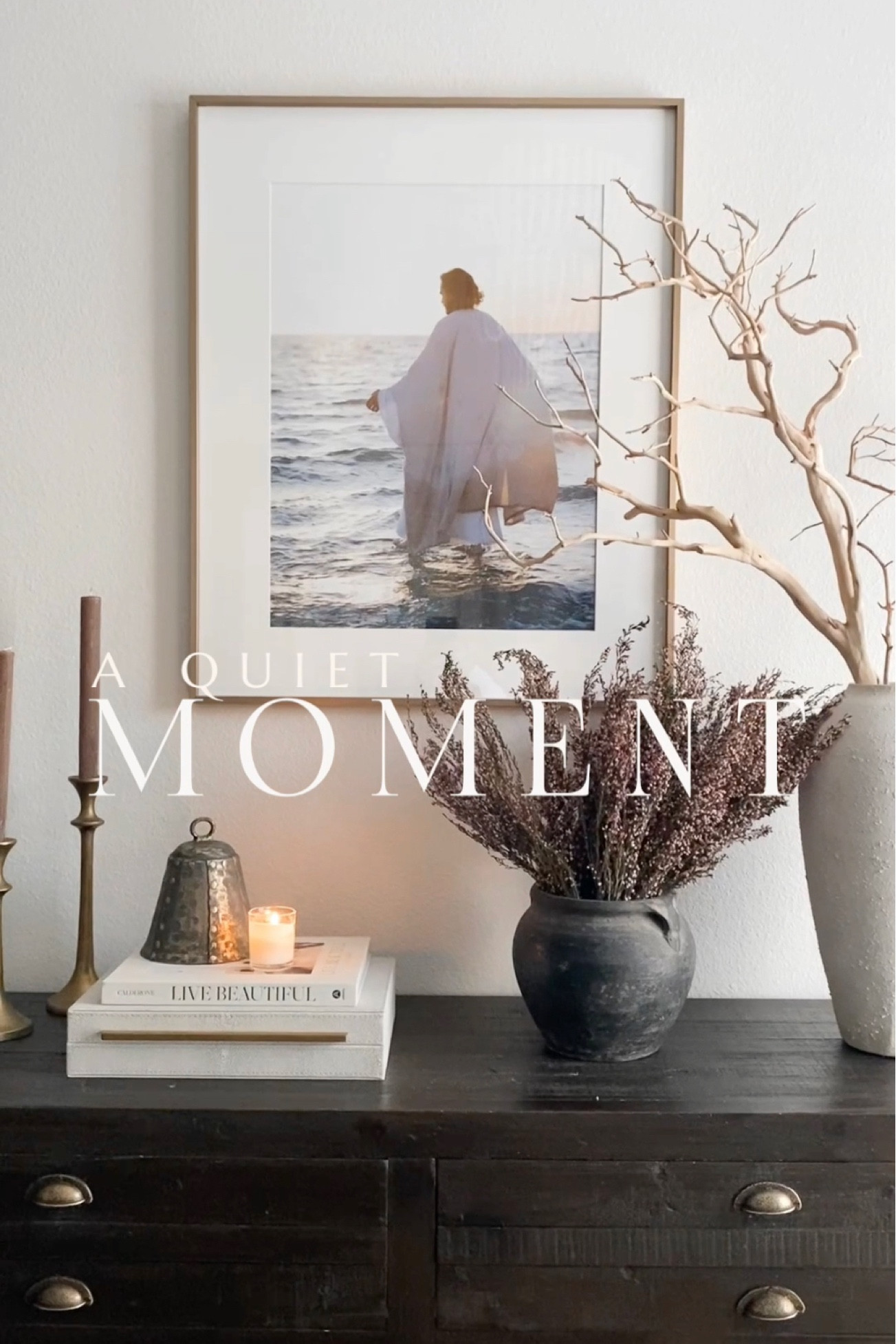 Console table styling for the organic look🤍

Coffee table book, vase, brass frame, vintage bell, brass candle holder, taper candle, neutral home decor, dried flowers, decorative box

#LTKhome #LTKFind #LTKstyletip