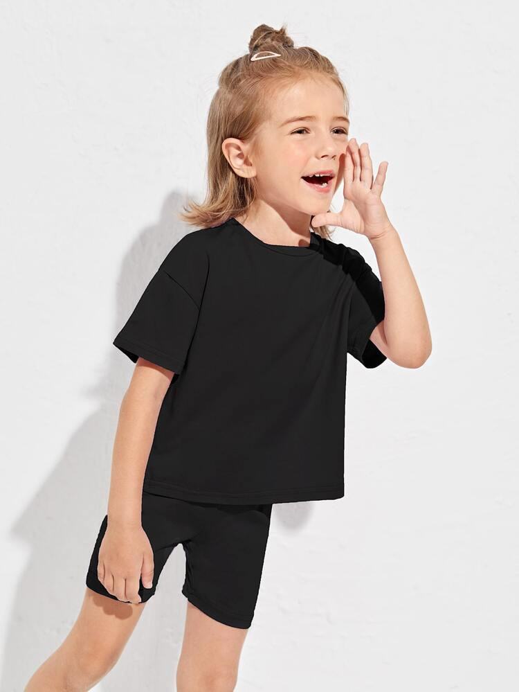 SHEIN BASICS Toddler Girls Drop Shoulder Top & Biker Shorts Set | SHEIN