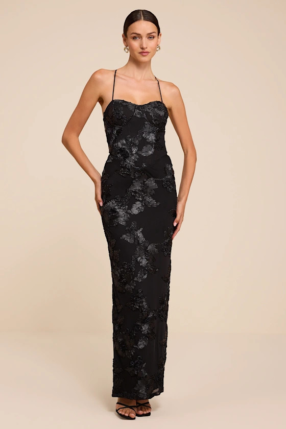 Nantessa Black Floral Applique Lace-Up Maxi Dress | Lulus