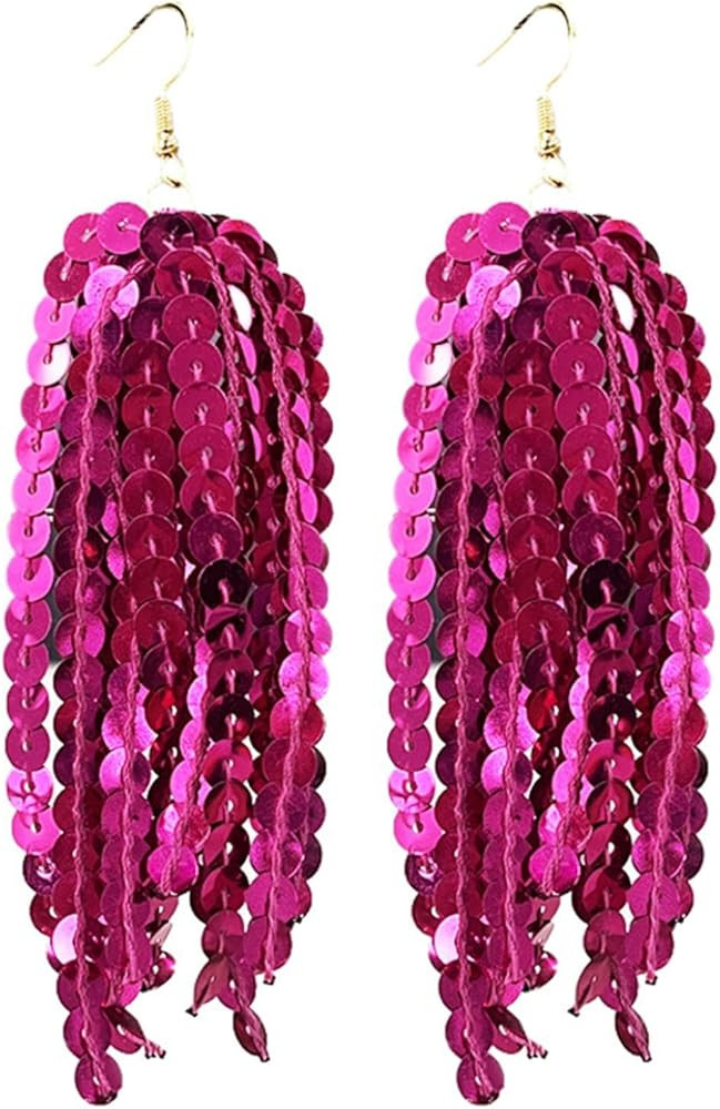 Valentines Day Glitter Earrings Red Hot Pink Rose Long Tassel Sequin Glitter Dangle Drop Earring ... | Amazon (US)