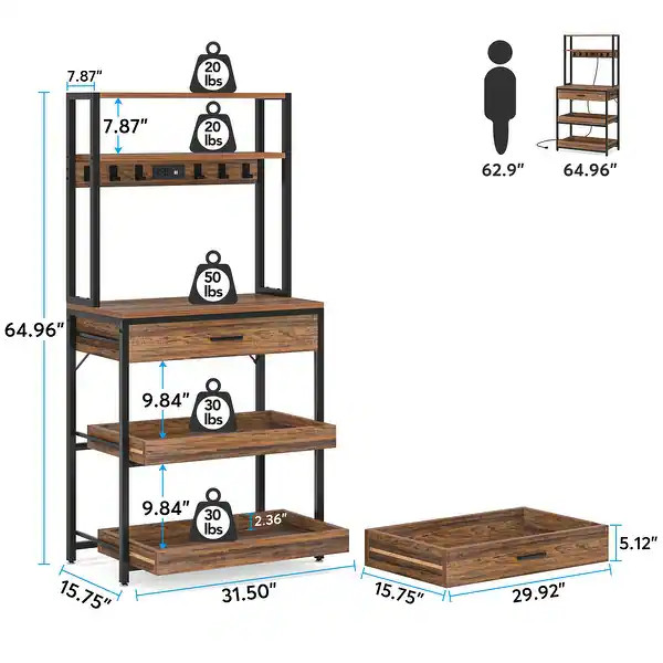 5-Tier Baker's Racks Rack with Power Outlets, Drawer and Sliding Shelves - Rustic Brown & Black | Bed Bath & Beyond