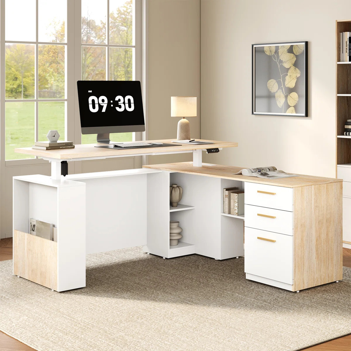 Adonia 63" W L-Shaped Electric Height Adjustable Standing Desk With 3 Drawers File Cabinet, Priva... | Wayfair North America