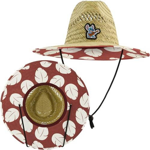 Disney Lilo and Stitch Straw Hat, Adult Large Wide Brim Straw Lifeguard Cap for Men and Women, Wide Brim with Logo, Guitar Stitch, Red | Amazon (US)