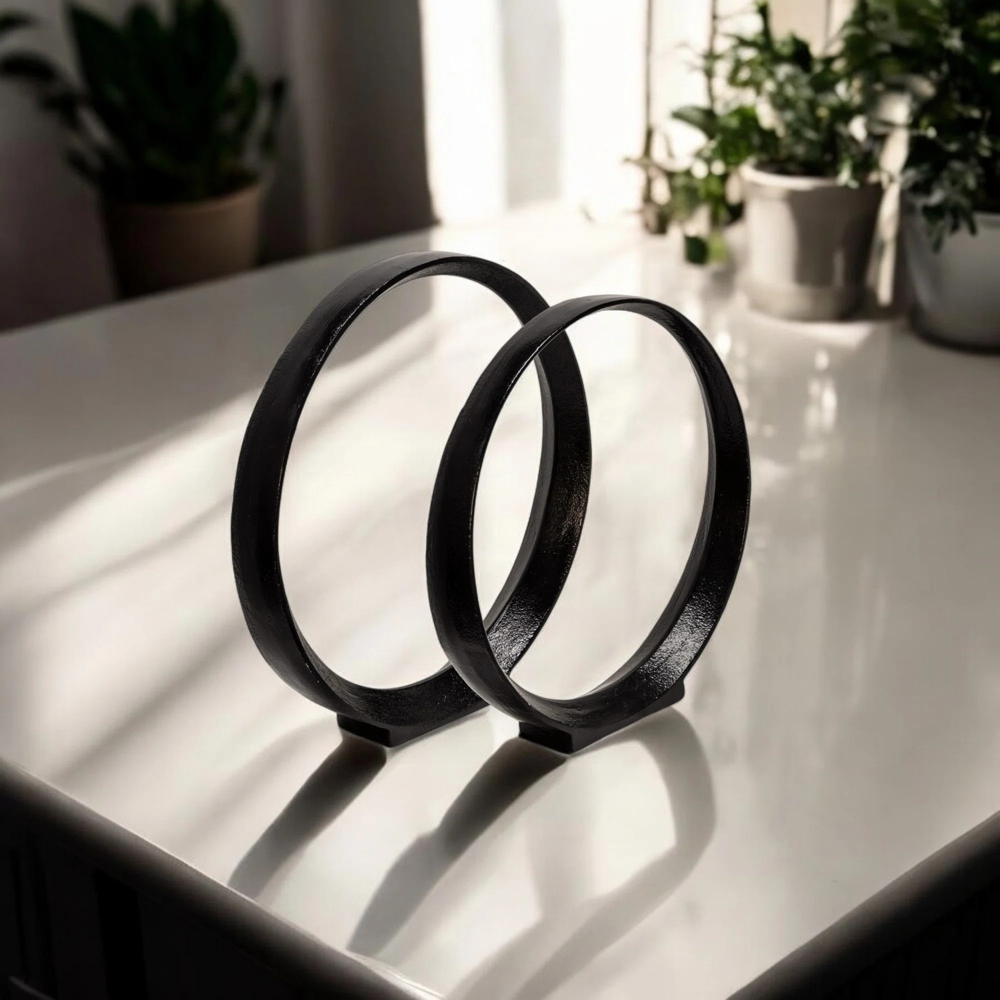 Set of 2 Metal Ring Sculptures - Modern Abstract Black Aluminum 12" and 14" Circular Sculpture | Wayfair North America