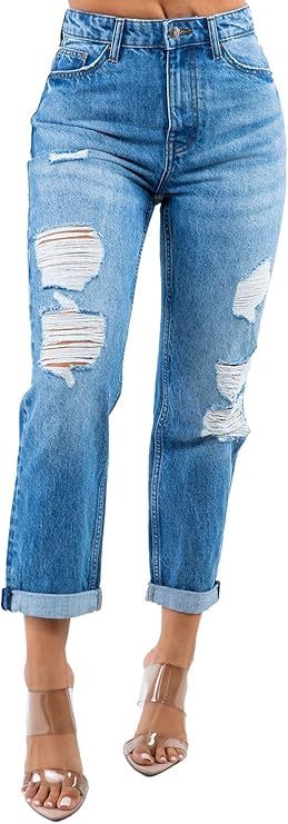 Twiin Sisters Women's Ripped Boyfriend Jeans - Cute Distressed Stretch Jeans | Amazon (US)