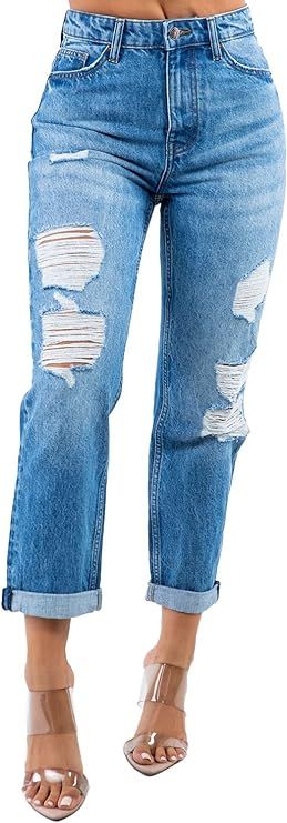 Twiin Sisters Women's Ripped Boyfriend Jeans - Cute Distressed Stretch Jeans | Amazon (US)