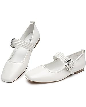 Trary Women's Mary Jane Ballet Flats, Black Square Toe Comfortable Dressy Work Shoes | Amazon (US)
