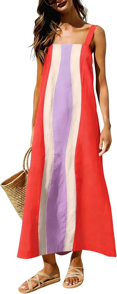 Ailoqing 2026 Women Boho Floral Dress Summer Casual Color Block Maxi Beach Vocation Overall Dress... | Amazon (US)