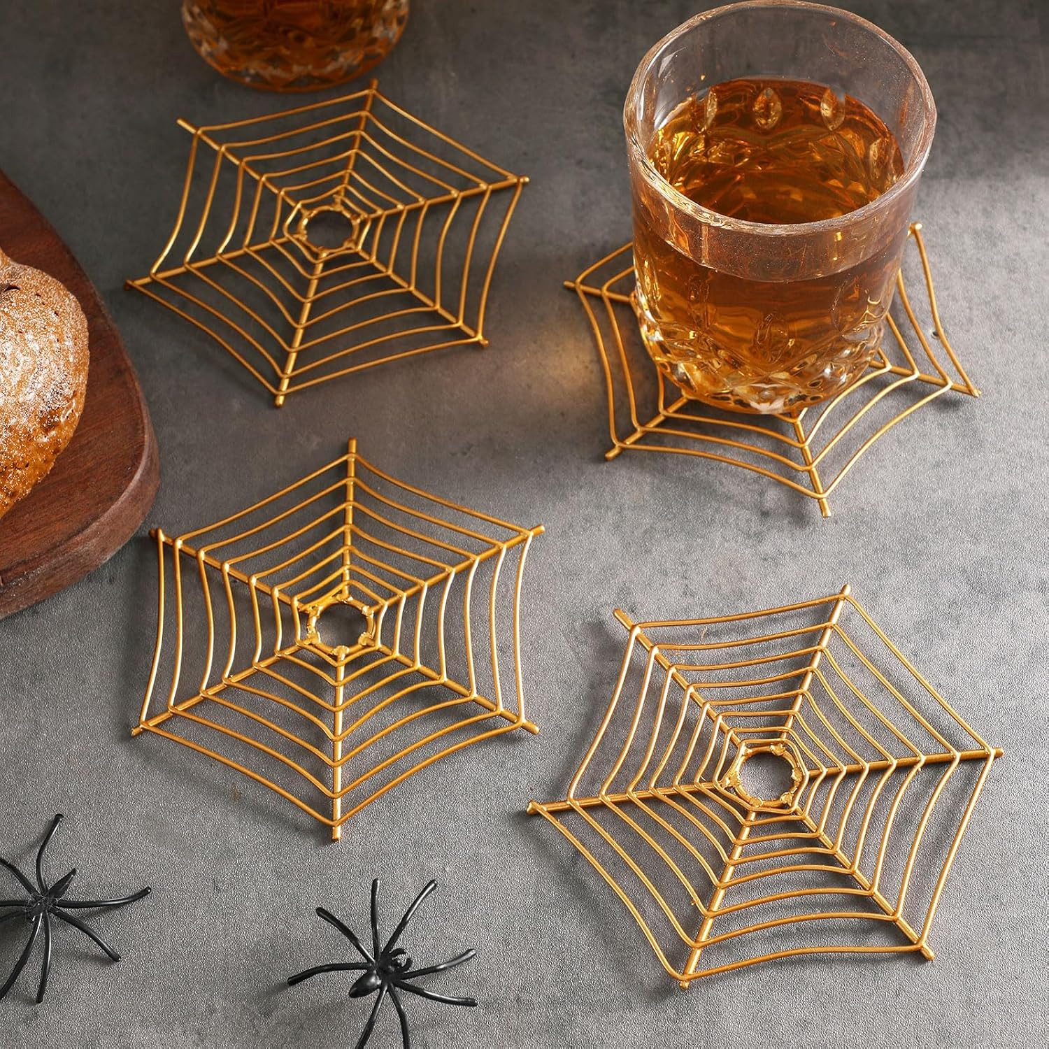 Otoolling 4 Pcs Halloween Coasters for Drinks Metal Spider Web Brass Coasters Halloween Desk Accessories Gold Cup Mat Pad for Kitchen Office Housewarming Home Party Table Decoration Supplies | Amazon (US)