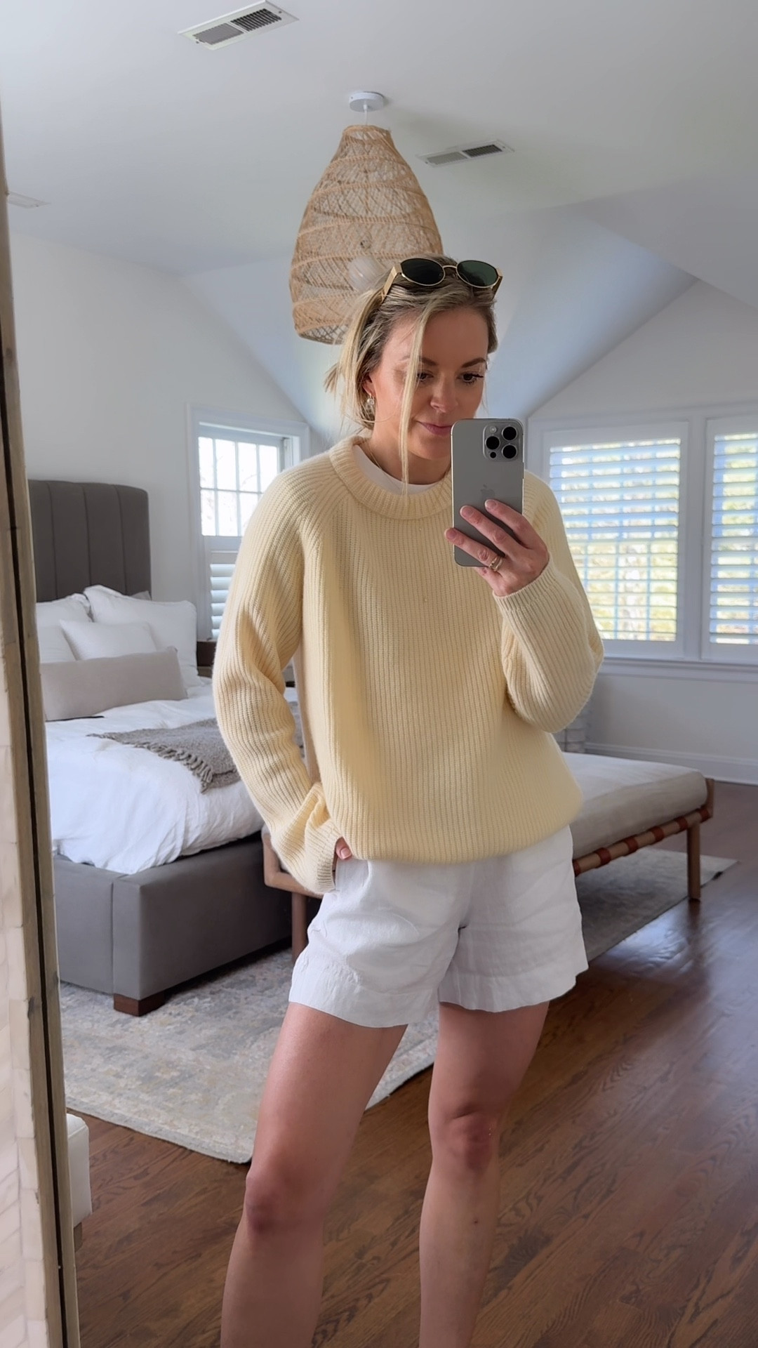 loving this pale yellow color for spring! Quince has a few styles in this color, but their fisherman sweater is one of my favorites. 
-sized up 1 to a medium in sweater
-small shorts (require nude underwear, just FYI)
-small white tee
@Quince  #Quincepartner
