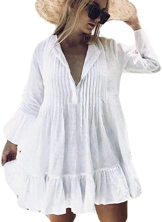 Bsubseach White Long Sleeve Beach Tunic Shirt Cover Up Dress Loose Swimsuit Bathing Suit Cover Up... | Amazon (US)