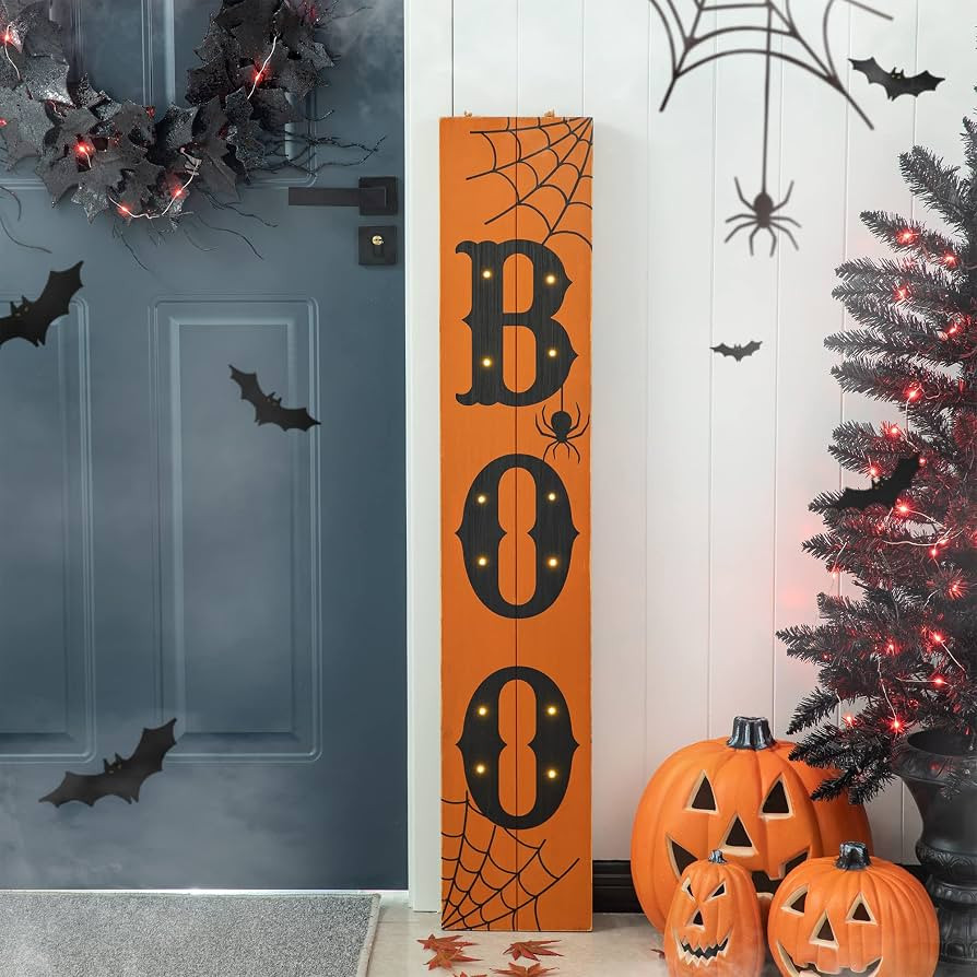 Glitzhome 42" H Halloween Porch Board Sign with 12 LED Lights, Lighted Halloween Boo Hanging Sign... | Amazon (US)