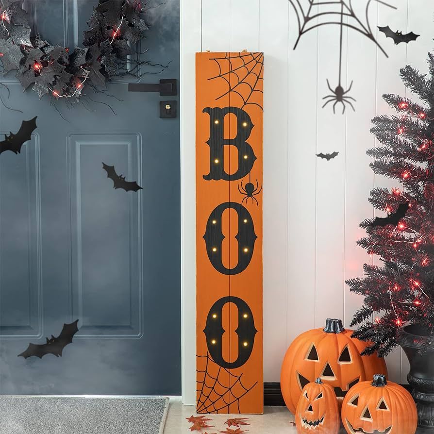 Glitzhome 42" H Halloween Porch Board Sign with 12 LED Lights, Lighted Halloween Boo Hanging Sign... | Amazon (US)