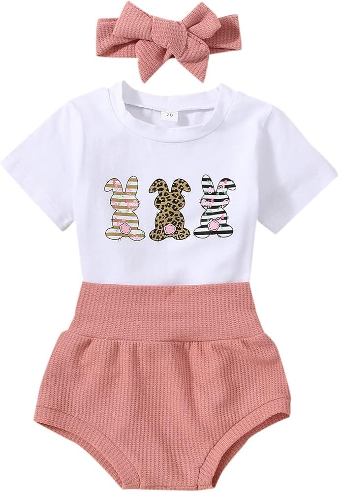 Infant Baby Girls Easter Outfits Short Sleeve Rabbit Print Romper Elastic Waist Shorts with Hairband | Amazon (US)