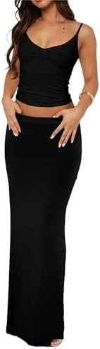 Two Piece Skirt Set for Women - Sexy Sleeveless Spaghetti Strap Pleated Tank Top Maxi Long Skirts... | Amazon (US)