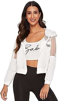 SweatyRocks Women's Lightweight Letter Print Zip Up Drawstring Hoodie Mesh Crop Top Jacket | Amazon (US)