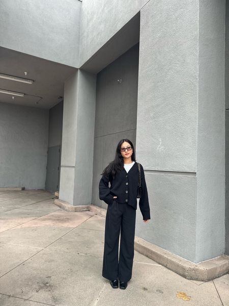 Fall fashion chunky knit cardigan neutral black and white wide trousers pants sunglasses

#LTKstyletip #LTKworkwear #LTKAsia