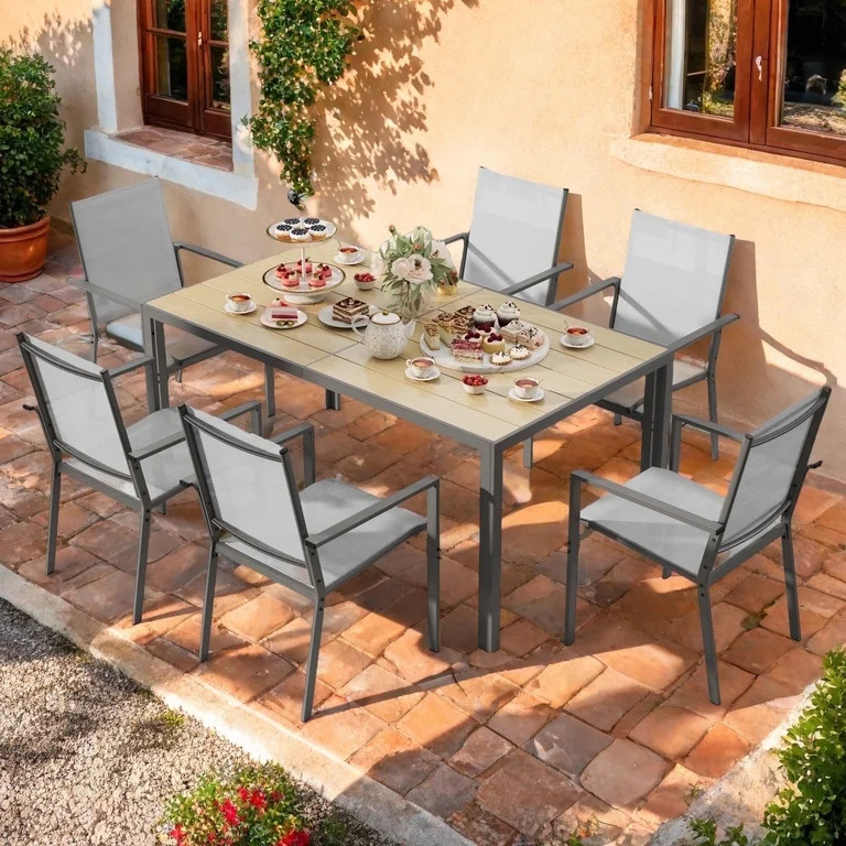 7 Piece Outdoor Dining Set, Lofka Patio Furniture Sets for 6 Persons with Stackable Textilene Cha... | Walmart (US)