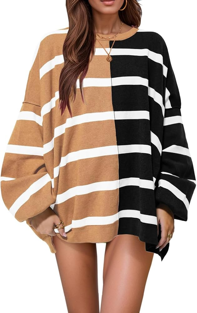 Womens Striped Sweaters Oversized Casual Loose Long Sleeve Crew Neck Color Block Lightweight Cozy... | Amazon (US)