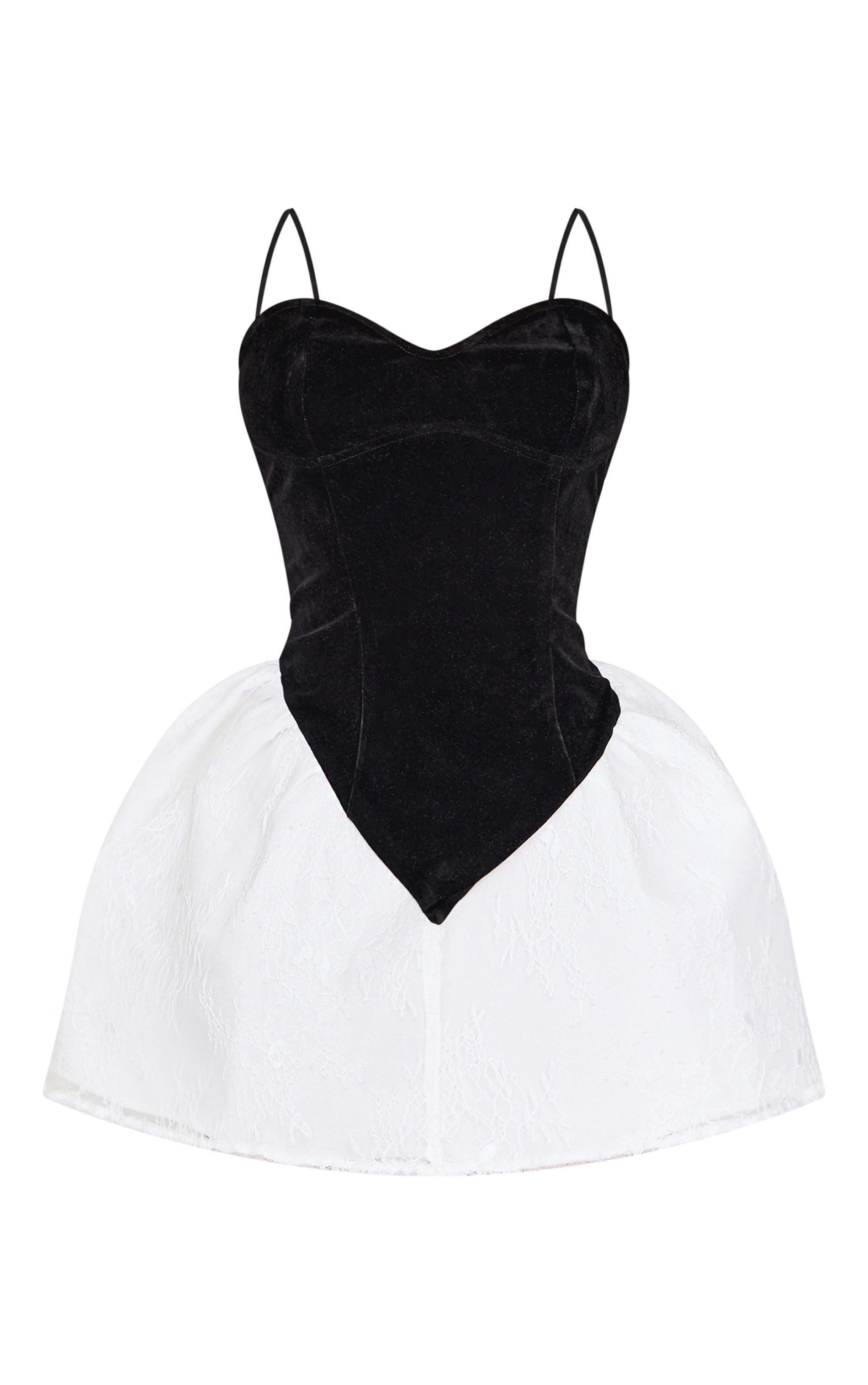 Petite Black Velvet Dipped Waist Detail Lace Hem Mini Dress | PrettyLittleThing UK