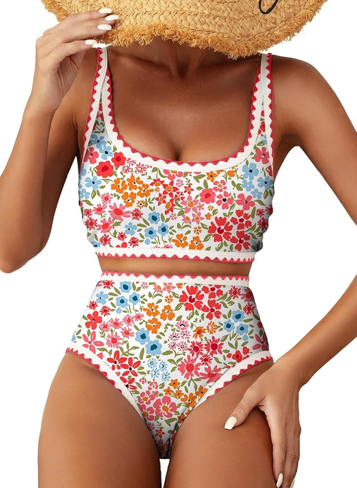 Herseas Women's Bikini Sets Floral Print Whip Stitch 2 Piece Swimsuits High Waisted Scoop Bathing... | Amazon (US)