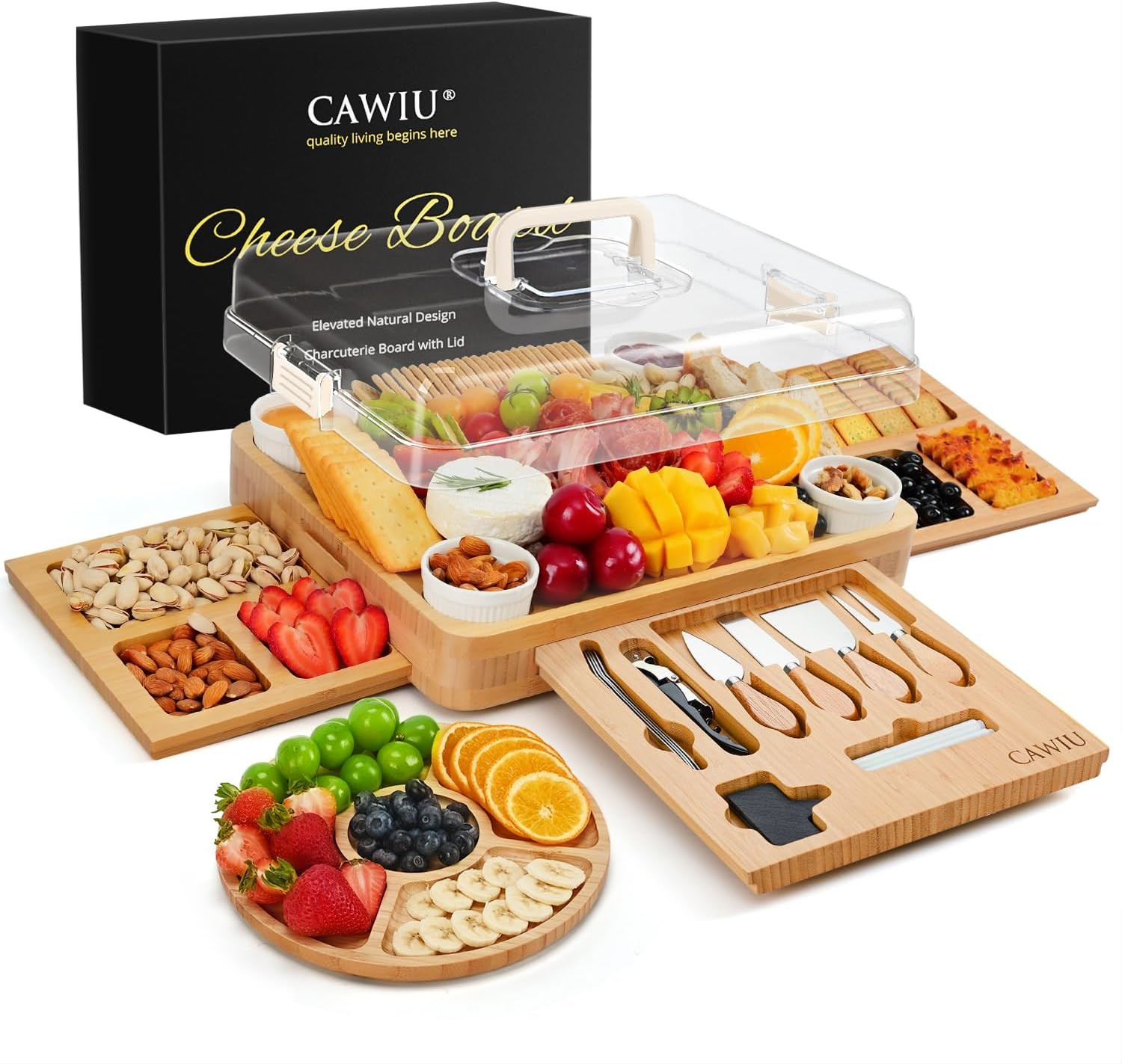 CAWIU Large Bamboo Charcuterie Board Set with Lid, Drawers, Cream | Amazon (US)