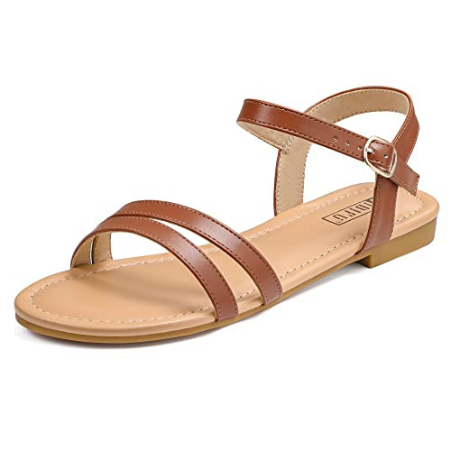 IDIFU Brown Sandals Women's Flat Sandals Dressy Summer Strappy Sandals Open Toe Slingback Ankle Strap Dress Sandals Wedding Prom Beach Bride Sandals Comfortable Fashion Cute Sandals(Brown Pu,8.5) | Amazon (US)
