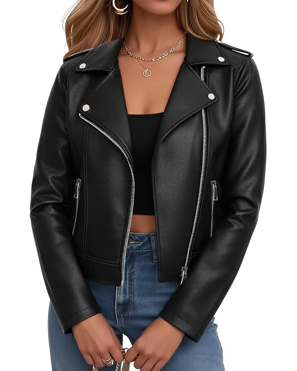Women Leather Jacket Faux Cropped Coat Cute Short Zip Up for Casual Rock Concert Game Day Edgy Vi... | Amazon (US)