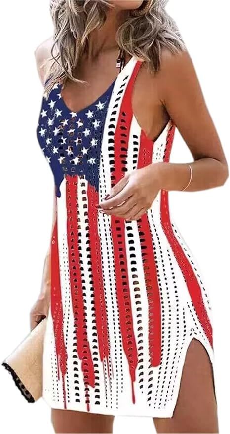 AIMITAG American Flag Dress Womens Hollow Out Slit Crochet Cover Up Sleeveless Tank Dress 4th of ... | Amazon (US)