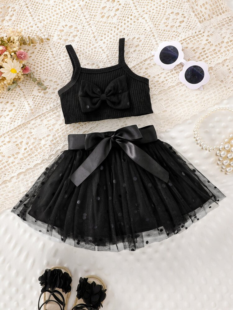 Baby Bow Front Cami Top & Polka Dot Mesh Overlay Skirt | SHEIN