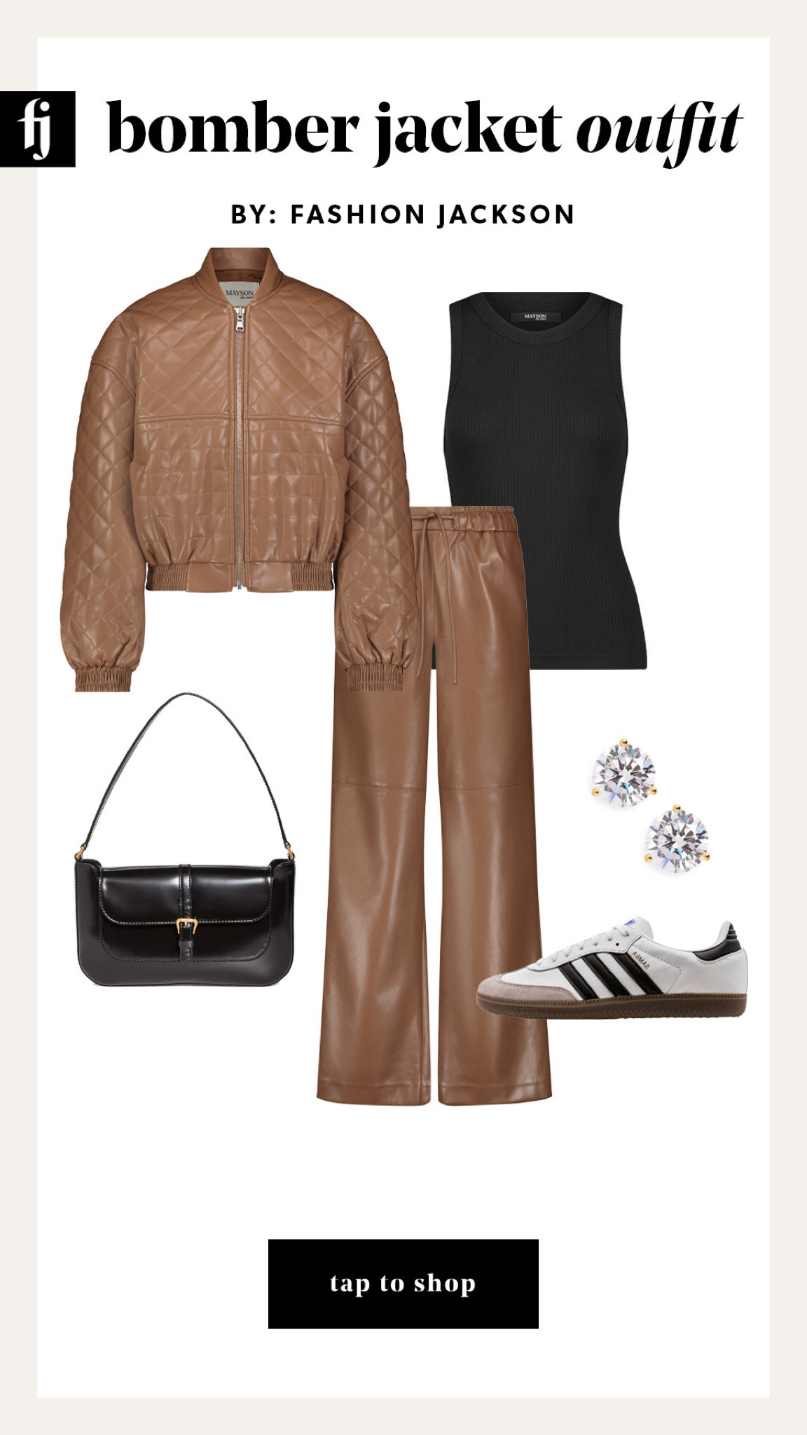 Fall outfits, bomber jacket, black tank, brown vegan leather pants, samba sneakers #falloutfits #sneakers #MAYSON 

#LTKfindsunder100 #LTKstyletip #LTKshoecrush