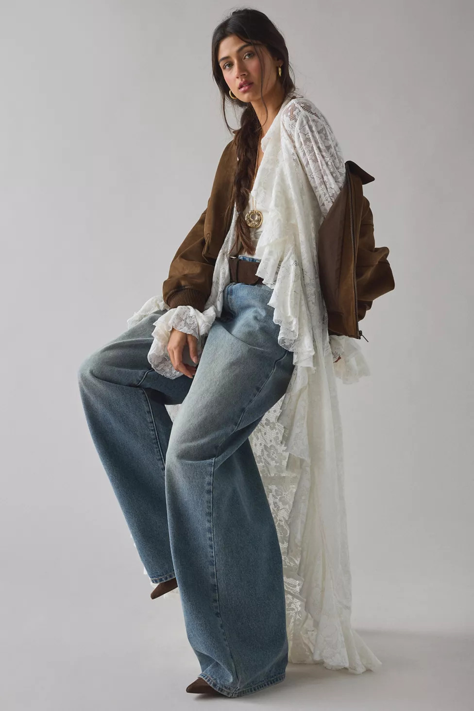 UO Selena Sheer Lace Cascading Ruffle Fluted Sleeve Maxi Top | Urban Outfitters (US and RoW)