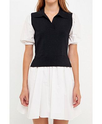 English Factory Women's Knit Collared Poplin Mini Dress - Macy's | Macy's