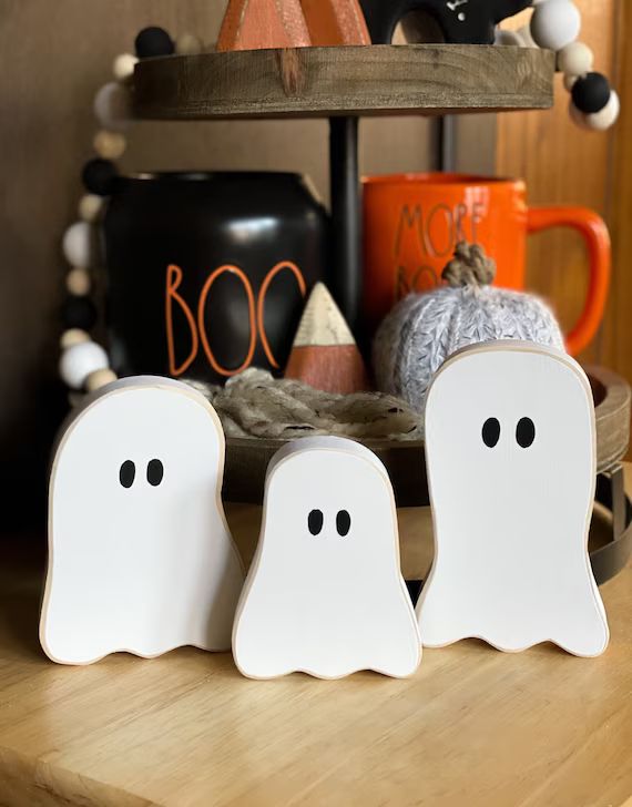 Cute Wooden Ghost Figures Set of Three | Halloween Decor and Signs | Tiered Trays | Wood Cut Outs | Etsy (US)