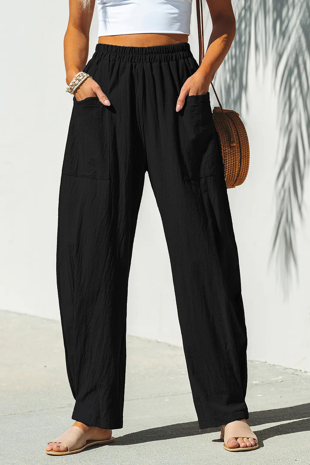 Black Elastic Waist Tapered Leg Pants | Cupshe US