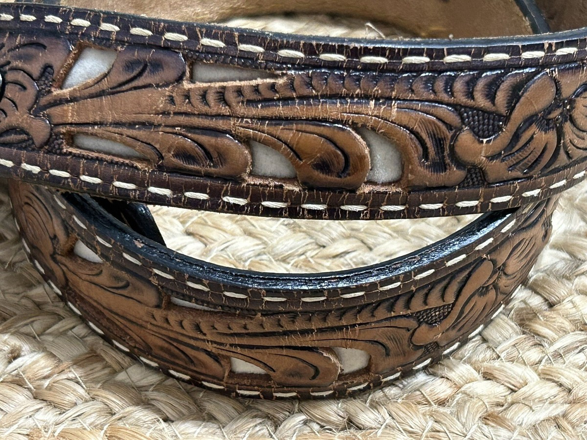 Vintage Tony Lama Leather Tooled Western Belt With Rose Brass Buckle 28 | eBay US