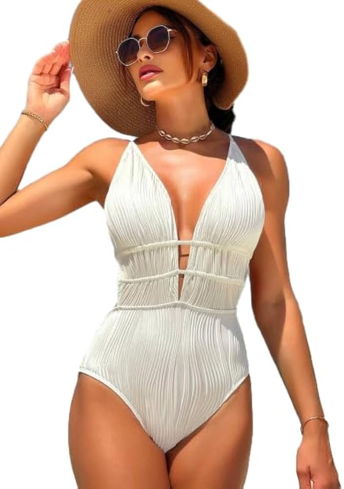 SKAYS Women's Sexy One Piece Swimsuit Tummy Control V Neck Textured Ribbed Bathing Suit | Amazon (US)